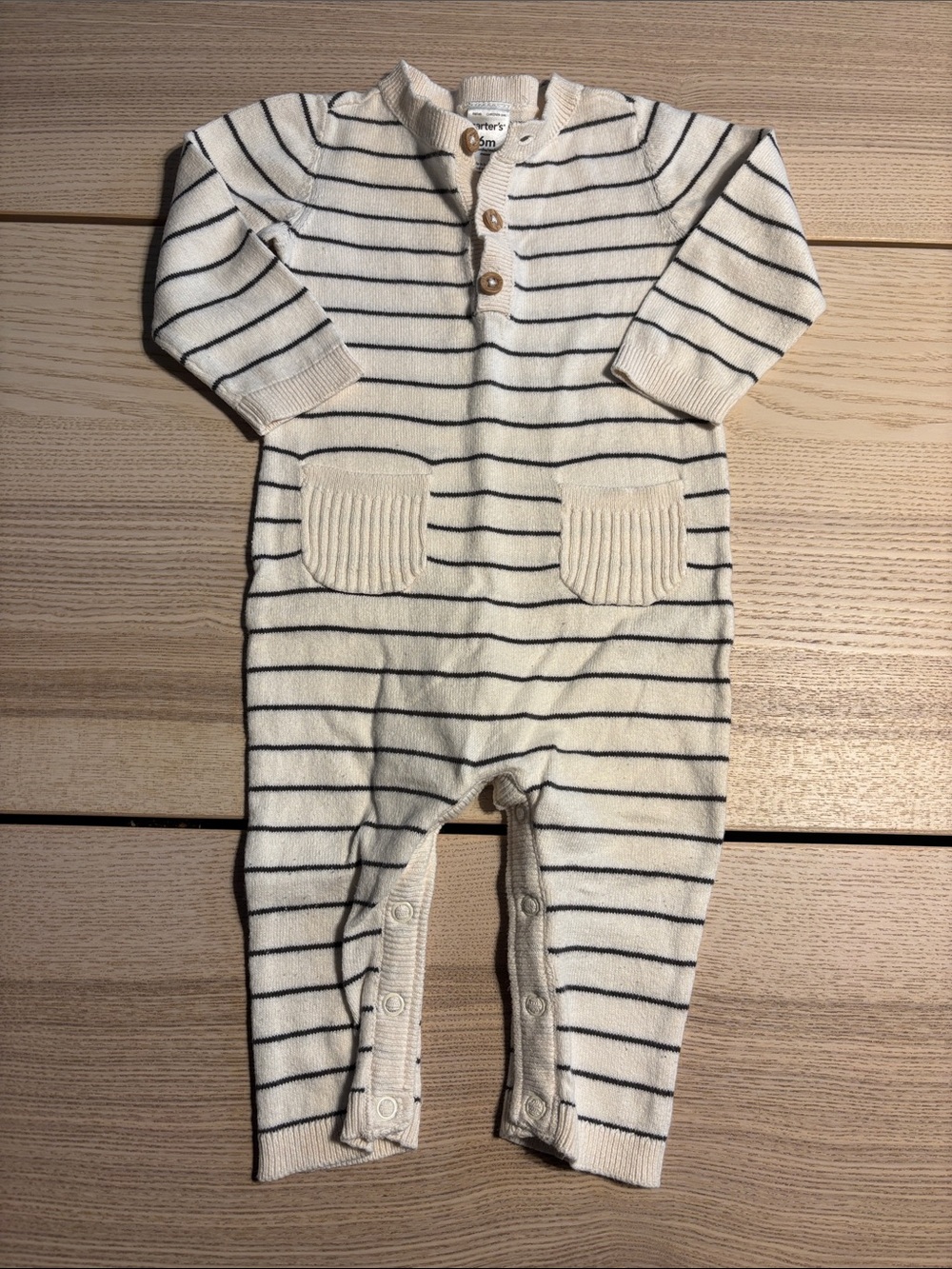 Carter's Cream One-Piece with Navy Stripes and Front Pockets